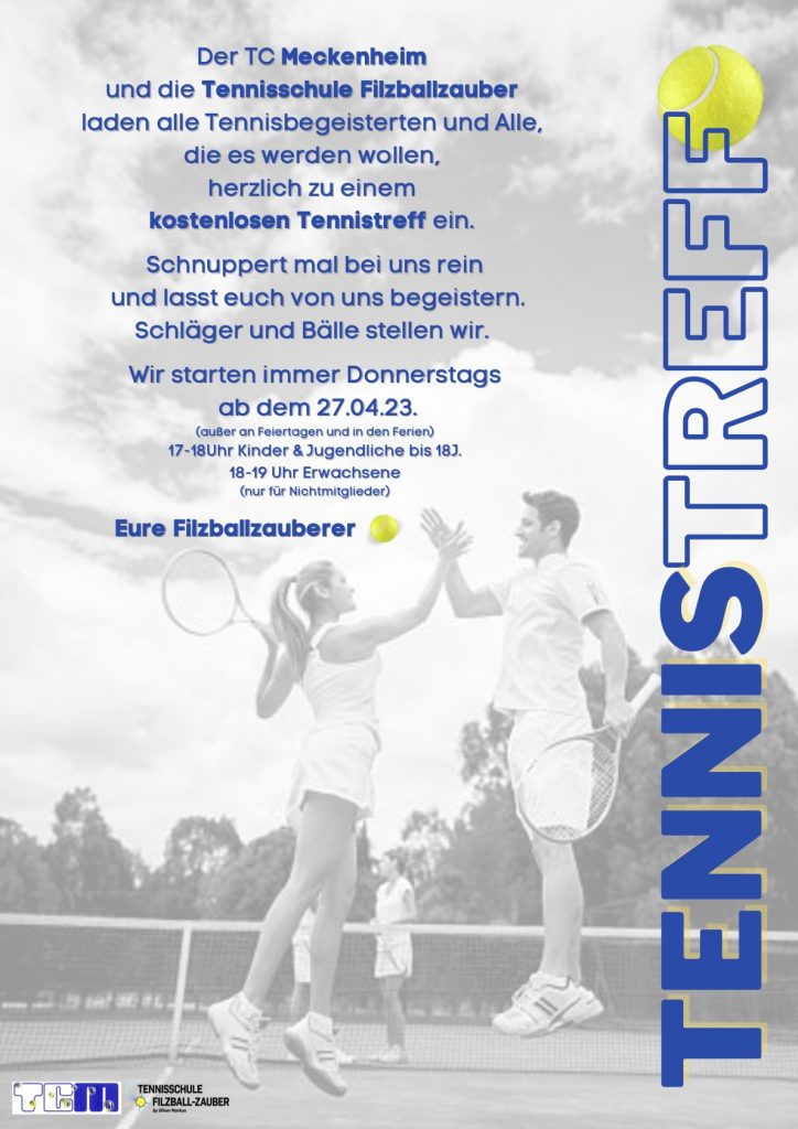 Der TC Meckenheim und die Tennisschule Filzballzauber laden alle Tennisbegeisterten und Alle, die es werden wollen, zu einem kostenlosen Tennistreff ein. Start: 27.04.23